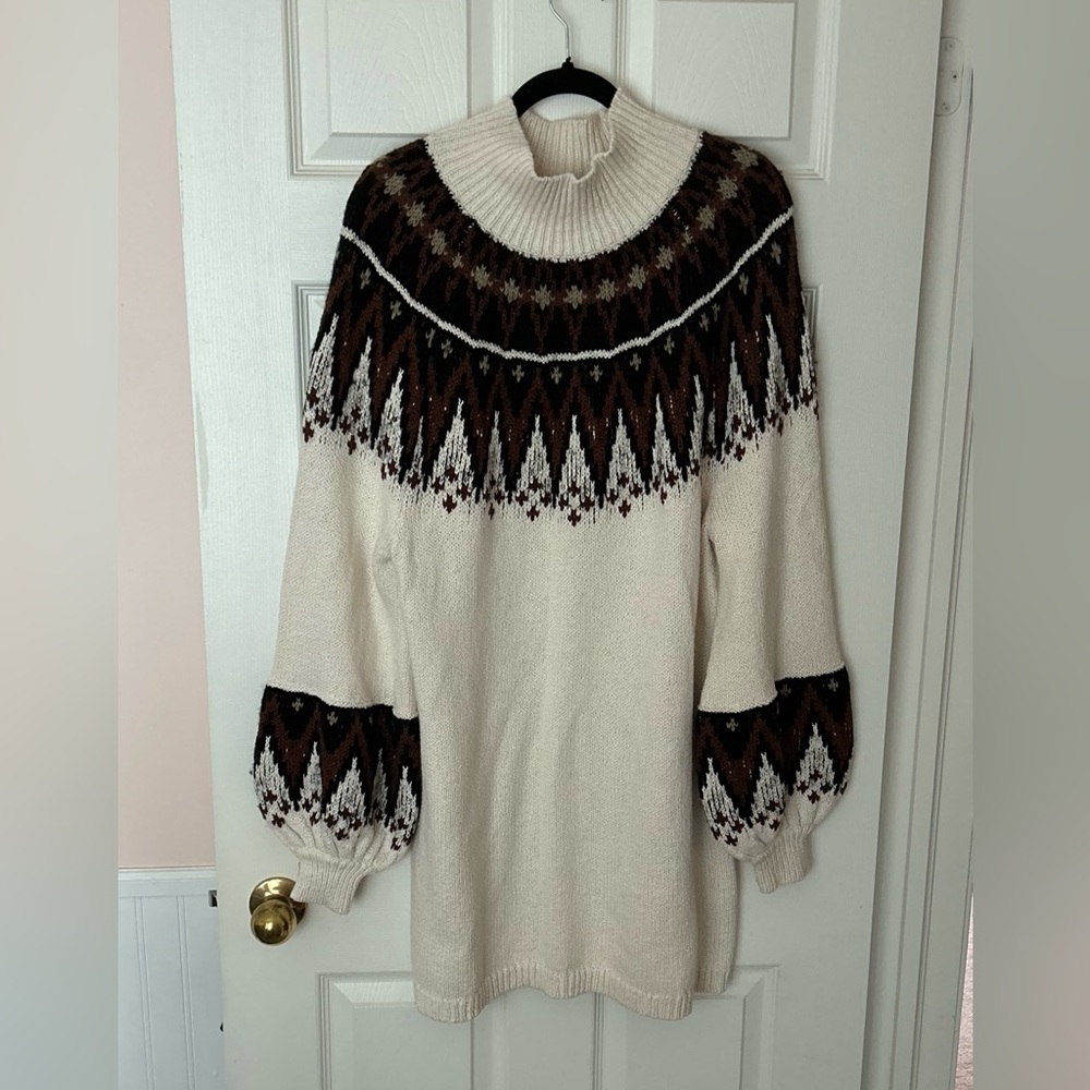 Free People Cream and Brown Fair Isle Sweater Dress